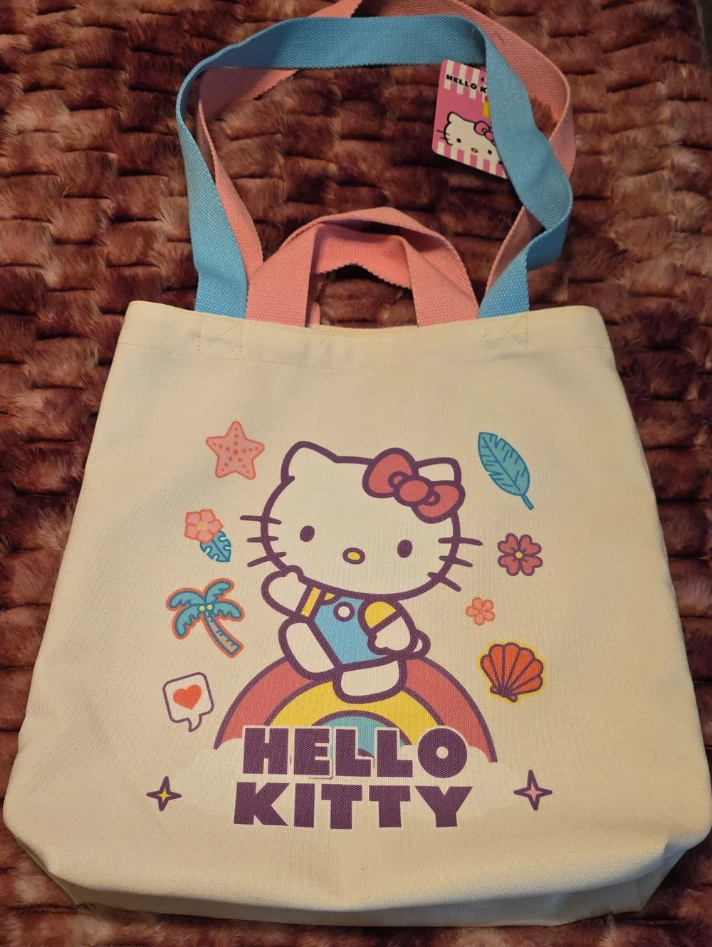 Hello Kitty Cream Tote with Pink & Blue Handles Nwt